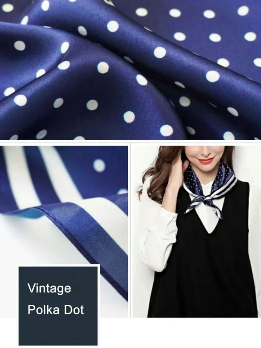 Women's Nvay Blue Polka Dot Scarf for Hair Digital Printed Headscarf Silk